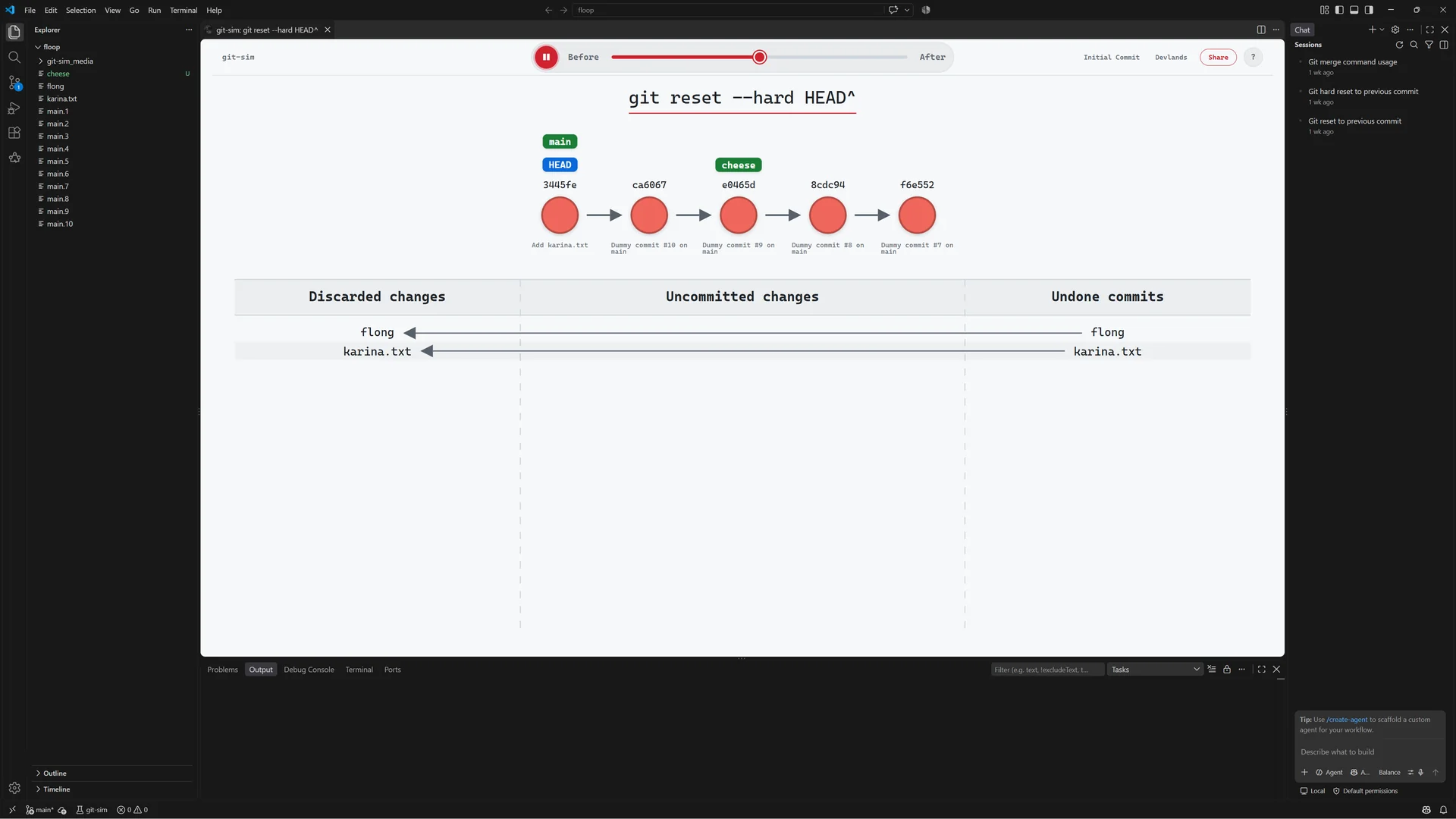 VS Code with git-sim's simulation of git reset --hard HEAD^ open in an editor tab: the commits, and the files the reset would discard