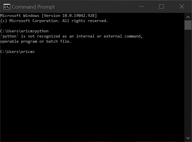 Python is not recognized as an internal or external command